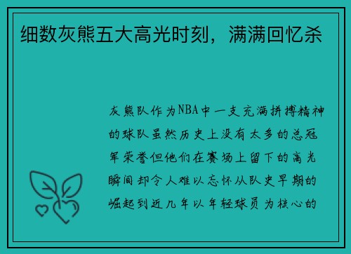 细数灰熊五大高光时刻，满满回忆杀